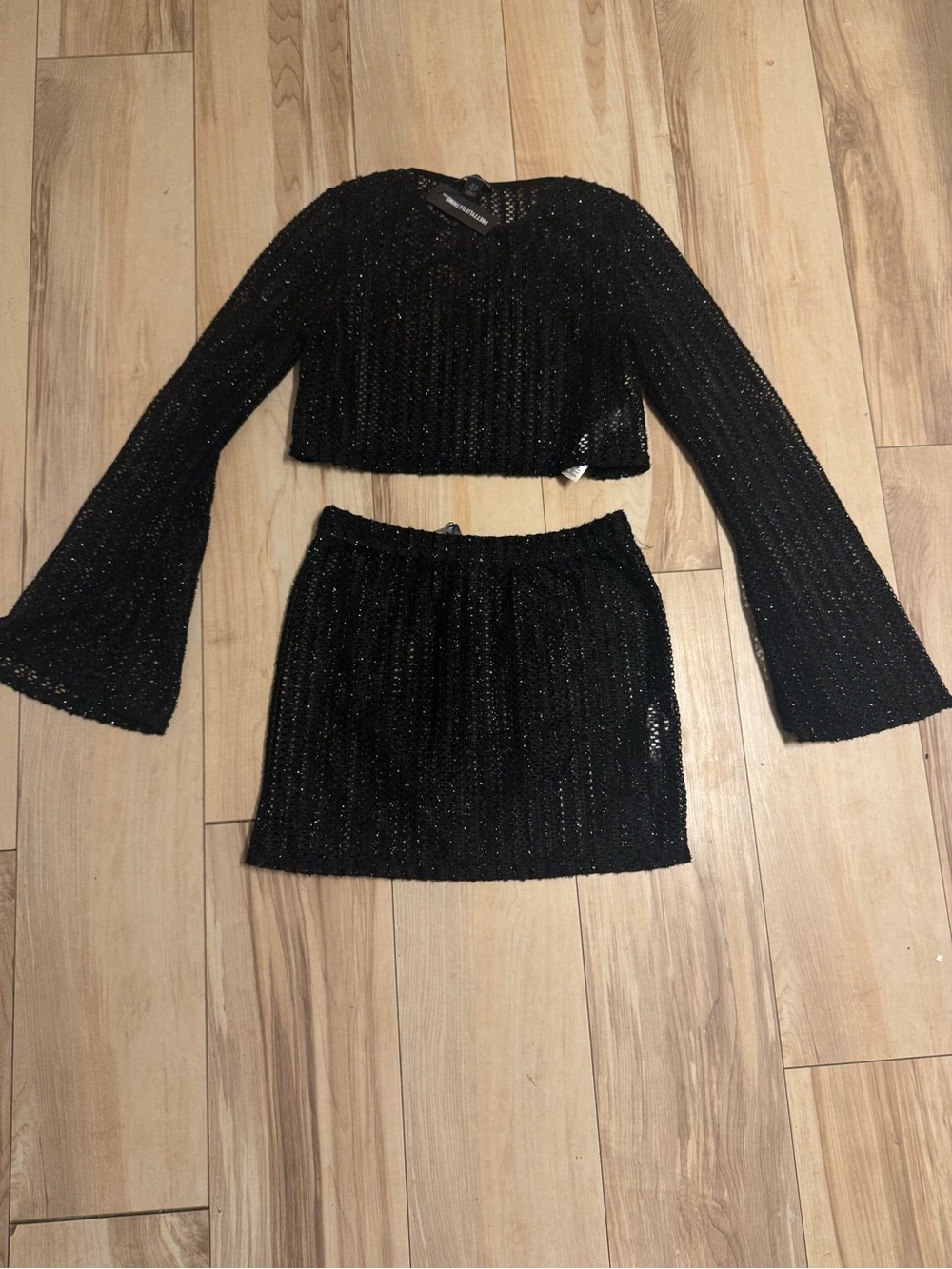 PrettyLittleThing Black Shimmer Knit Crop Top & Mini Skirt Set